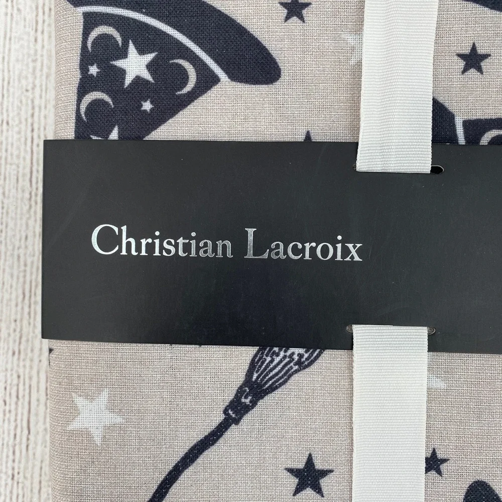 Christian Lacroix Tablecloth 60x84 Taupe Halloween Witch Hat Broom Star Metallic